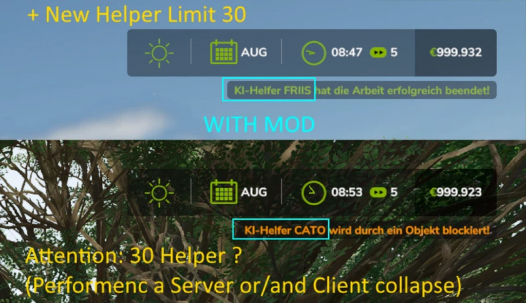 FS25 HiredHelperTool mod showing a new helper limit of 30 with in-game notifications.