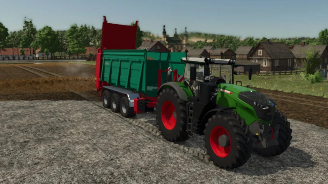 FS25 mod ITRunner Pack v1.5.0.0 shows a tractor with a green trailer on a farm road.