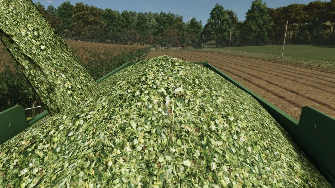 Improved Corn Texture mod for FS25 showing detailed corn silage in a trailer.