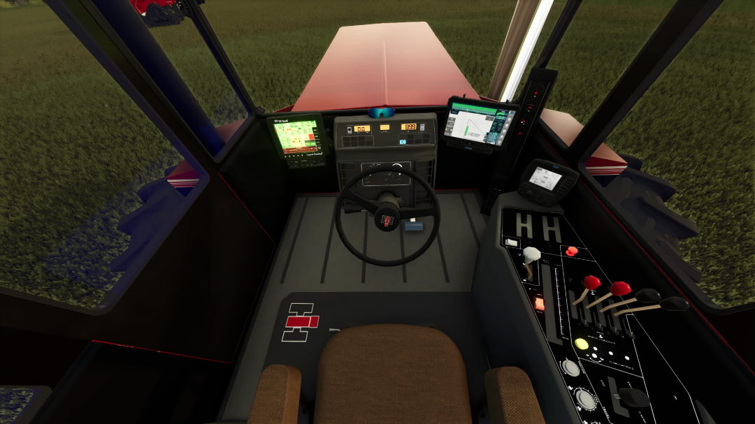 Interior view of the International 7788 tractor cab in FS25, showcasing dashboard and controls in Farming Simulator 25 mod.