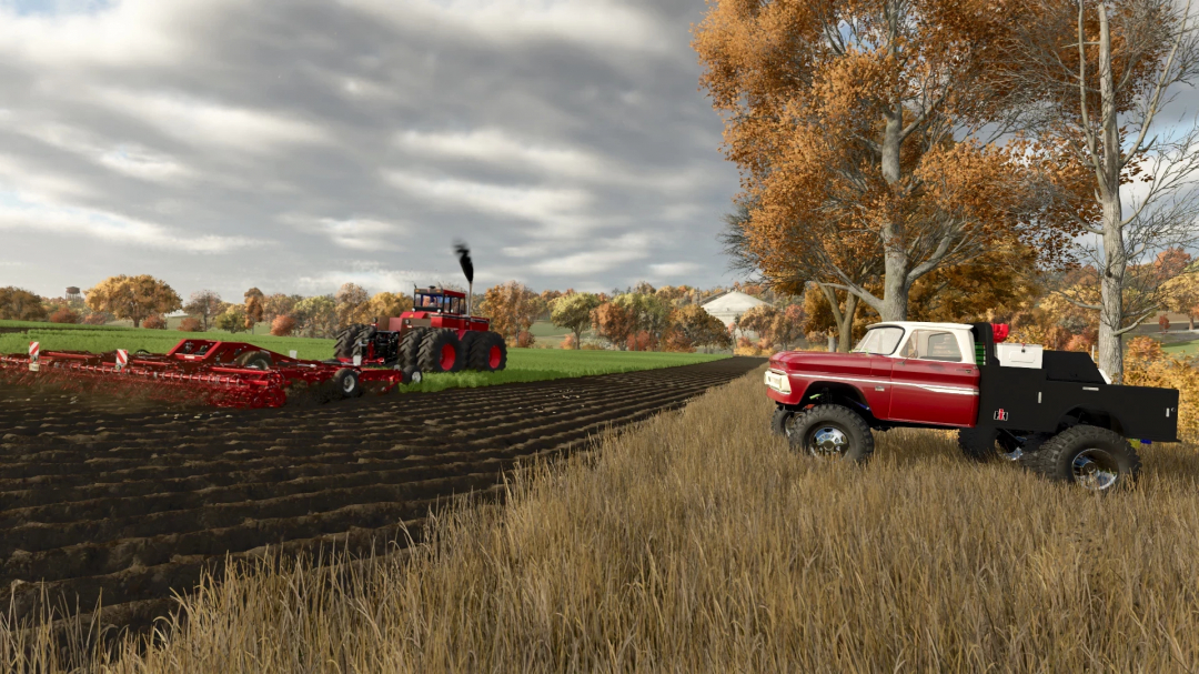 FS25 mod International 7788 v1.0.0.1 shown with a tractor plowing a field, autumn trees, and a red utility truck nearby.