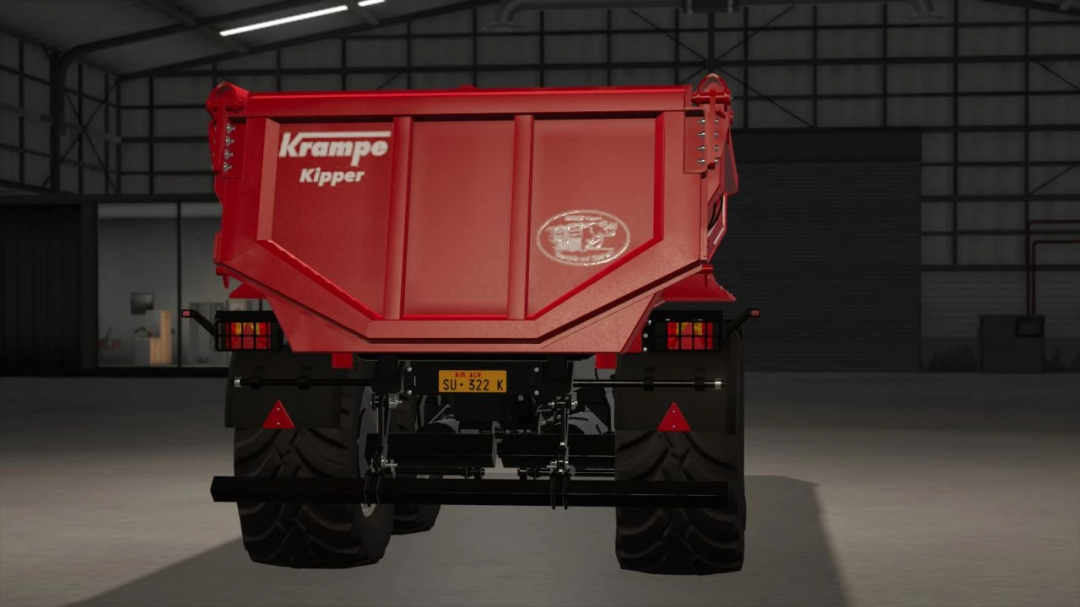 FS25 mod featuring a red Krampe trailer with an Italian license plate in a garage. Farming Simulator 25 mods.