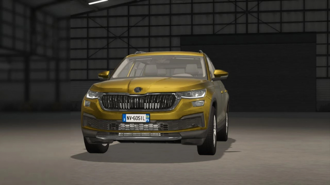 FS25 mod showcasing Italian License Plates on a gold car in a garage setting.