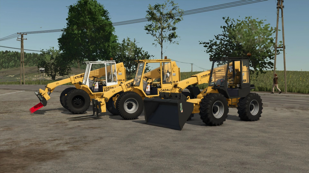 Three JCB 520-4 Telescopic Loaders showcased in FS25 mod scene.