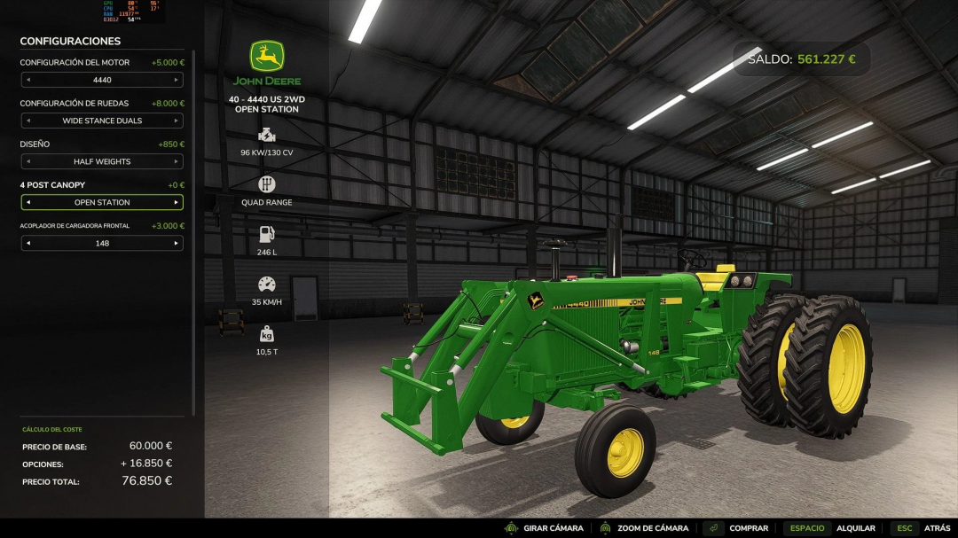 John Deere 40 Series tractor in Farming Simulator 25 mod menu, showcasing custom configurations.