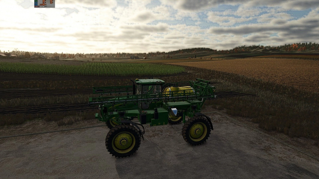 John Deere 4730 mod in Farming Simulator 25, showcasing a green sprayer vehicle on a farm landscape.