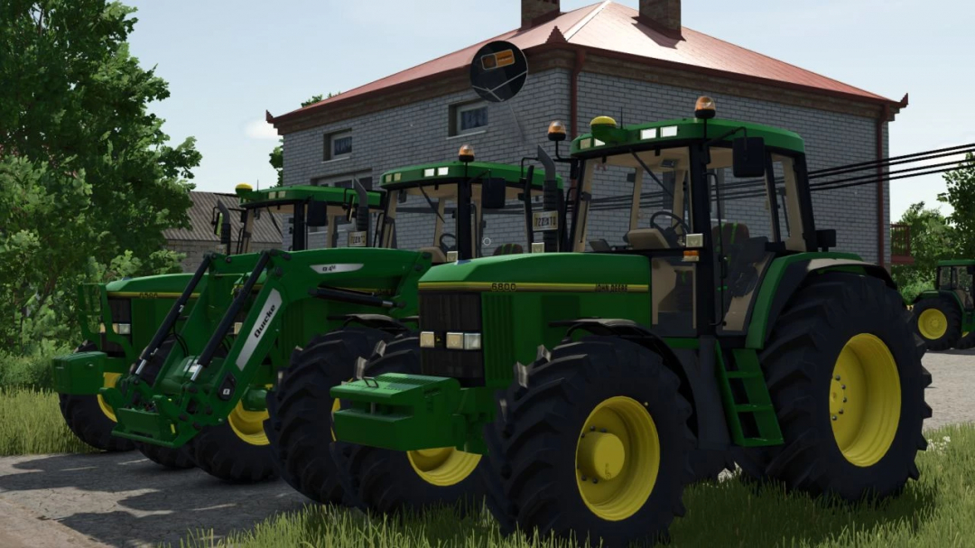 John Deere 6000 Series tractors in FS25 mod, displayed in front of a brick building.