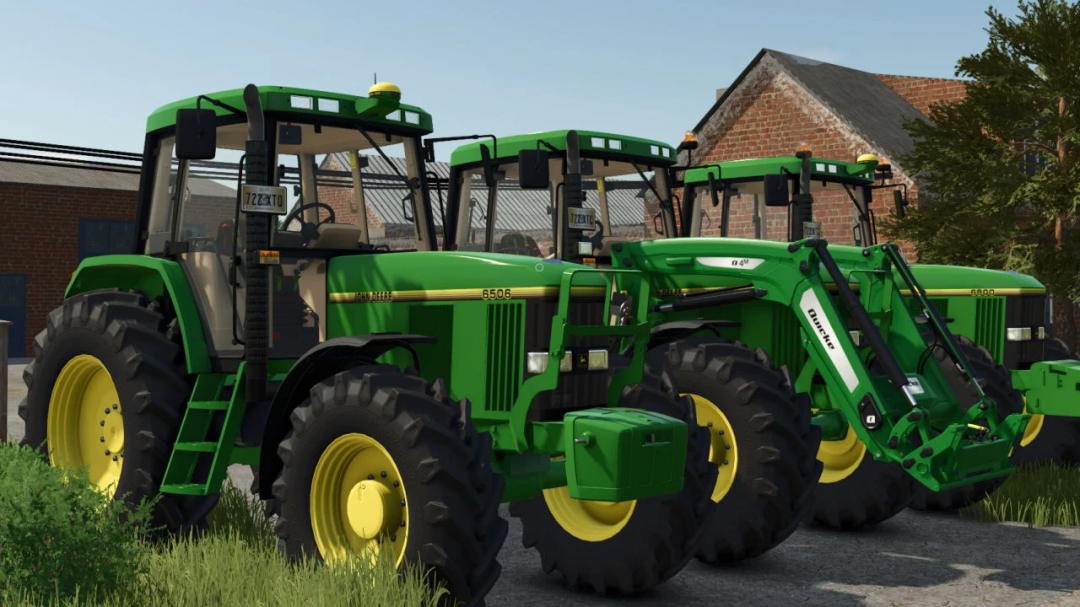 FS25 mods image of John Deere 6000 Series tractors parked on a farm.