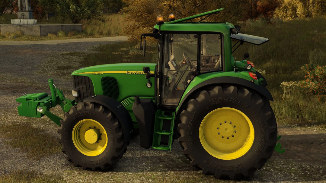 John Deere 6x20 Series tractor mod for Farming Simulator 25, showcasing side view in a rural setting. FS25 mods enhance gameplay realism.