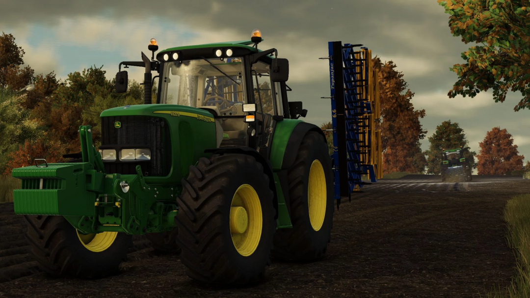 John Deere 6x20 Series tractor mod in Farming Simulator 25 on a farm road.