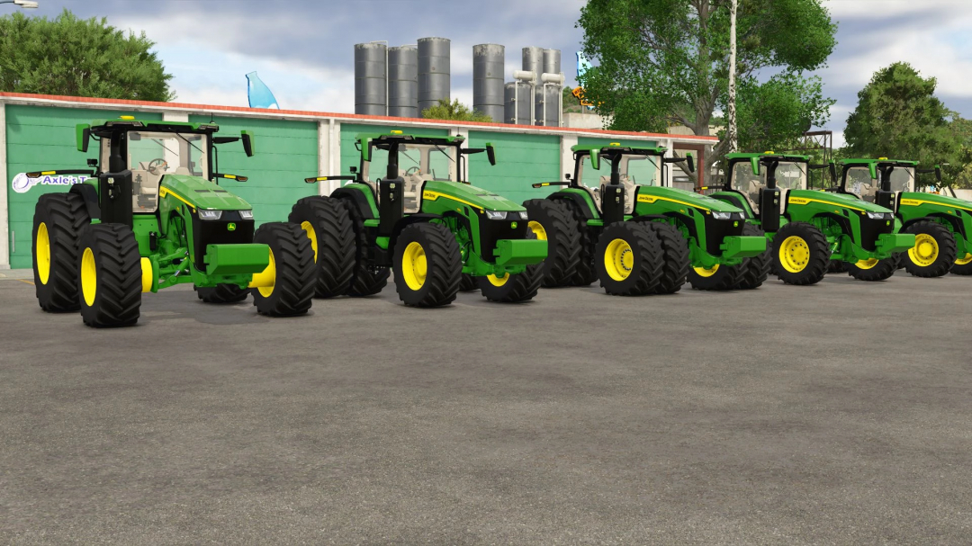 Lineup of John Deere 8R tractors in Farming Simulator 25 mod, showcasing Aussie/US Edit v1.0.0.0.