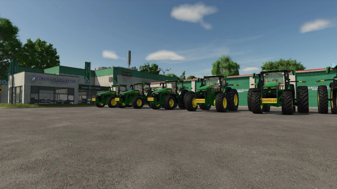 Lineup of John Deere 8R tractors outside a dealership in FS25 mod John Deere 8R Aussie/US Edit v1.0.0.0