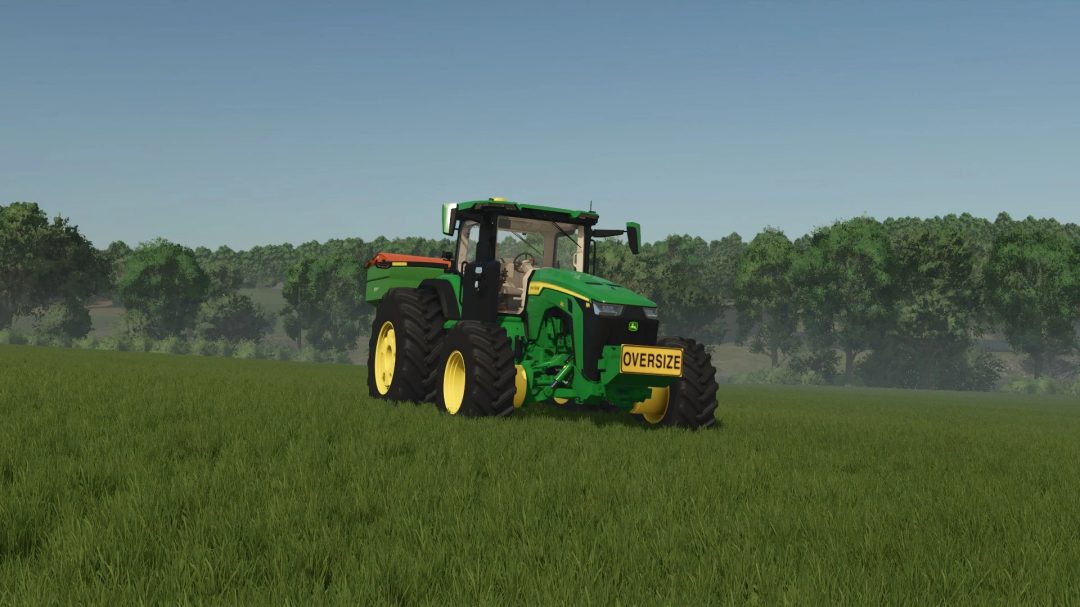 John Deere 8R Aussie/US Edit mod in FS25 shown on a field.