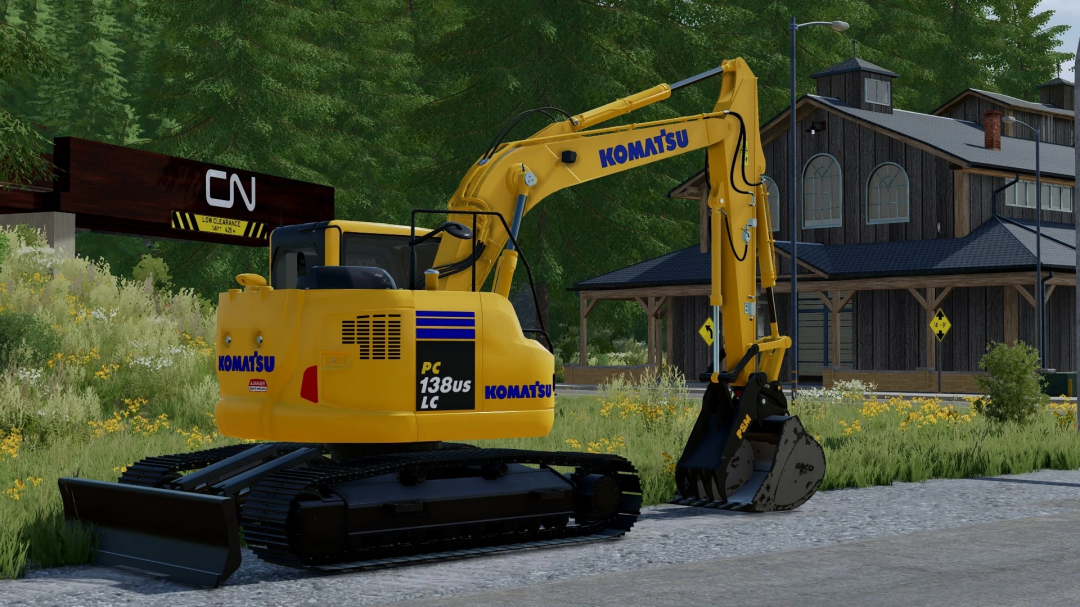 Komatsu PC138USLC-11 excavator mod in FS22, displayed near a rustic building and railway in Farming Simulator 22.