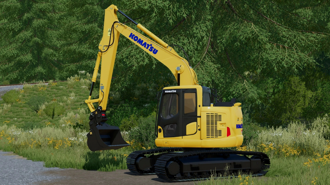 Komatsu PC138USLC-11 excavator mod in FS22, displayed in a lush green setting.