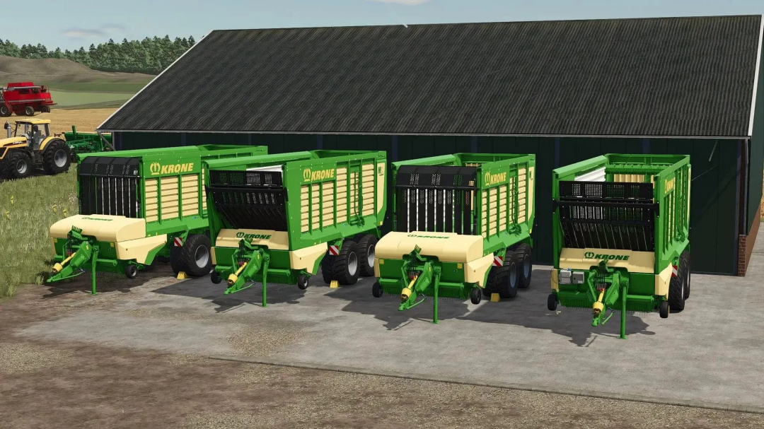 FS25 mods: Krone RX and MX Pack v1.0.0.0 showing four green forage wagons parked next to a barn.