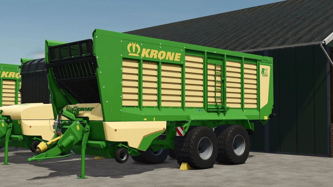 Krone RX and MX Pack mod in Farming Simulator 25 showing green agricultural trailer.