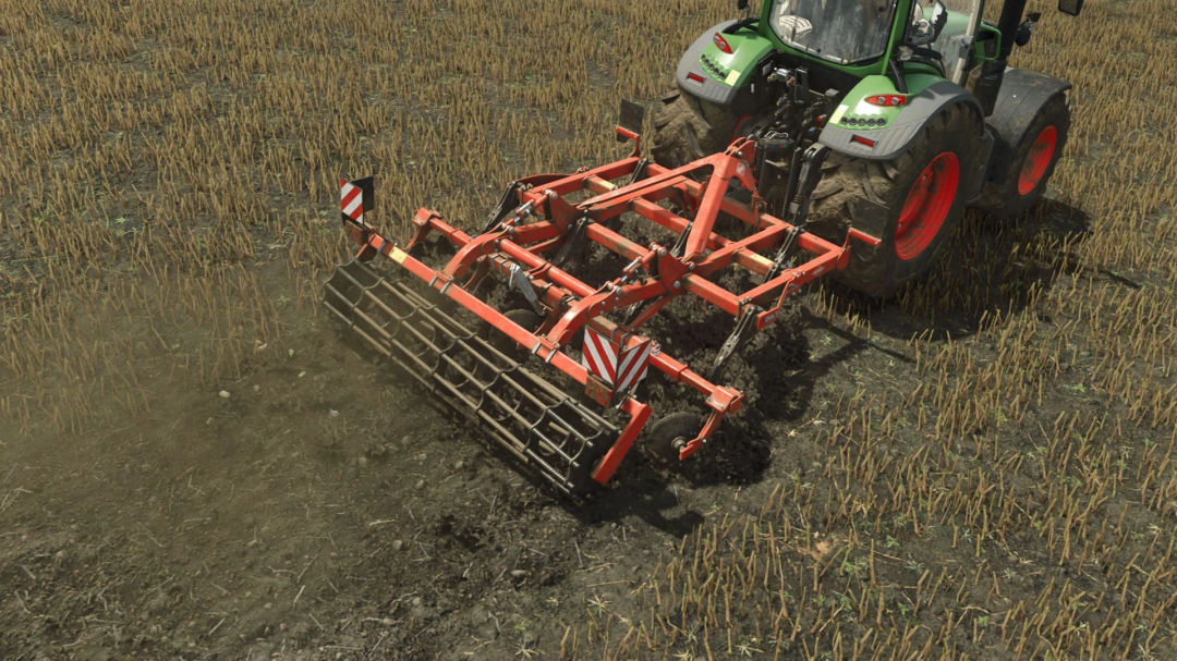 FS25 mod Kuhn Cultimer L300 cultivating a field in Farming Simulator 25.