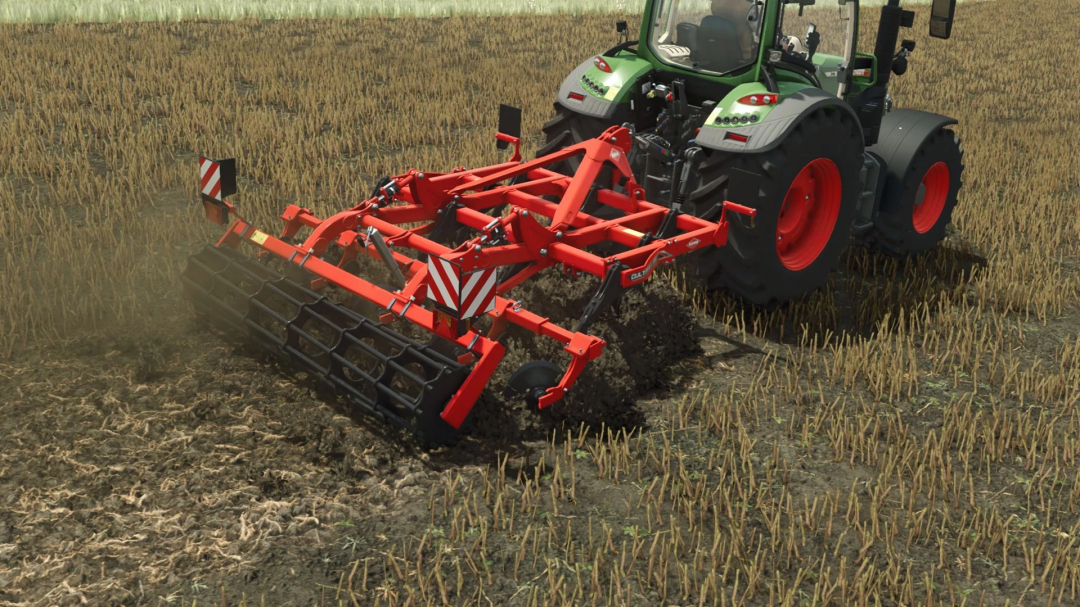 FS25 mod Kuhn Cultimer L300 cultivator working on a field behind a tractor in Farming Simulator 25