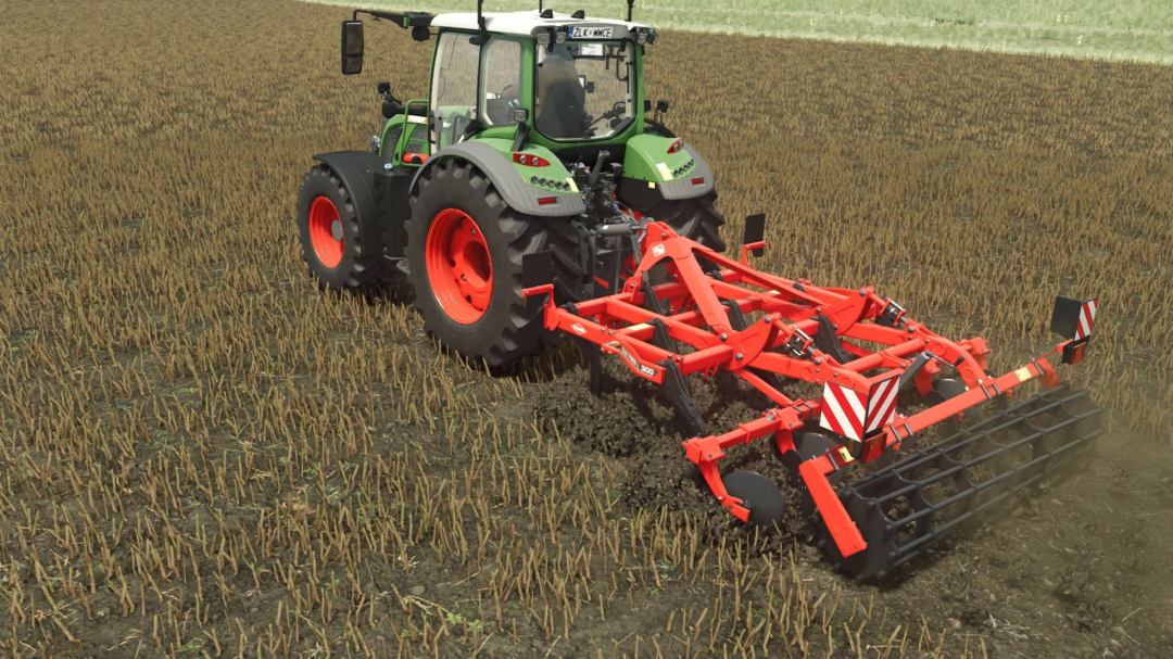 FS25 Kuhn Cultimer L300 mod in action, showing a tractor plowing a field.