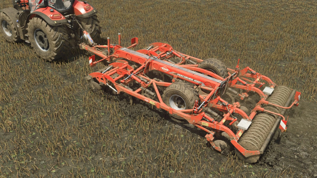 FS25 mod Kuhn Performer 4000 v1.0.0.0 cultivating field with tractor