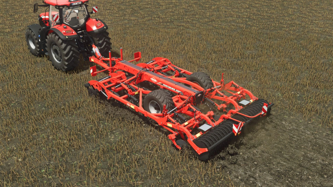 FS25 mod: Kuhn Performer 4000 v1.0.0.0 cultivating a field in Farming Simulator 25.