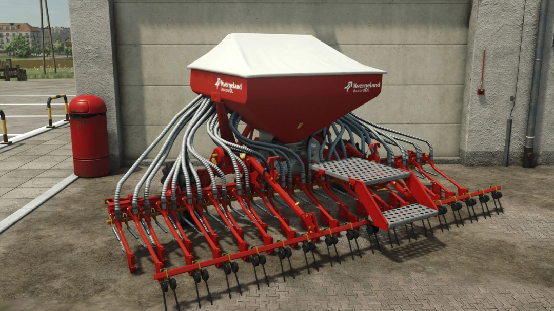 Kverneland Accord 4 DL mod for FS25, showcasing a detailed red seed drill in a farming simulator environment.