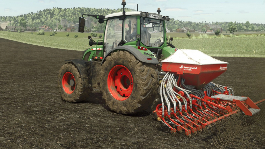 A tractor using the Kverneland Accord 4 DL mod in Farming Simulator 25. The mod is seen working in a field.