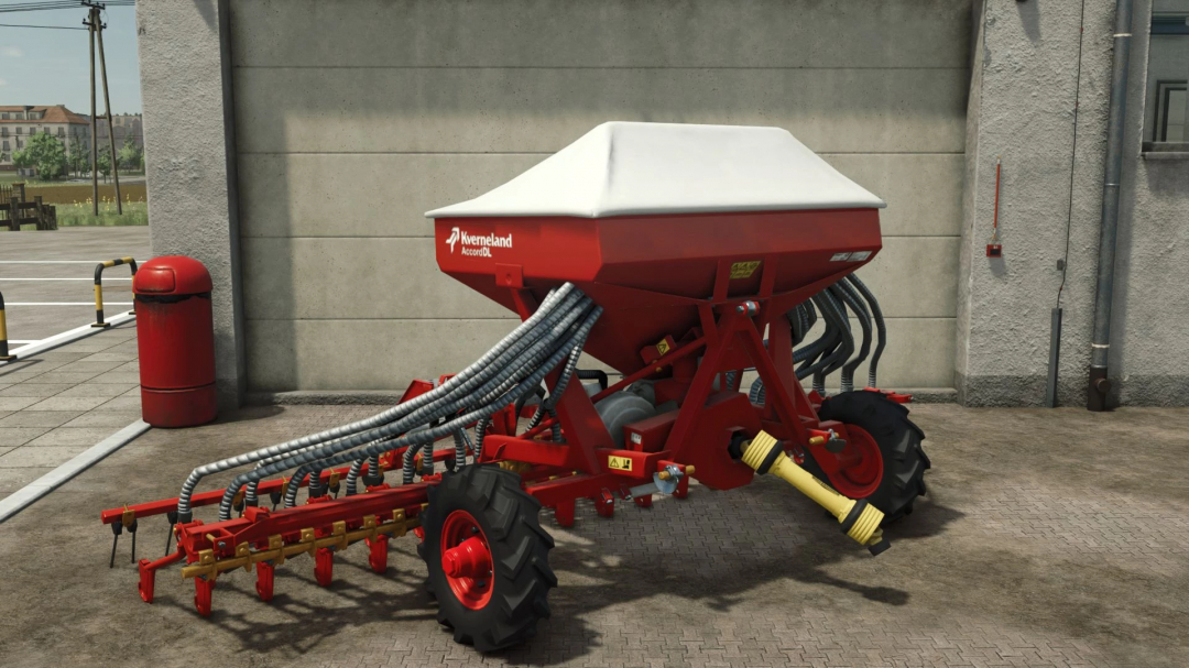 Kverneland Accord 4 DL mod for FS25, a red seeder machine against a concrete wall.