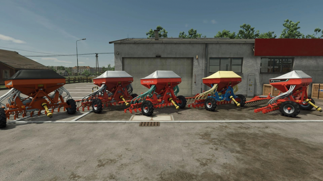 FS25 mods: Kverneland / Accord / Kubota Seeders Pack v1.0.0.0 showcasing five colorful seeders lined up outside a building.