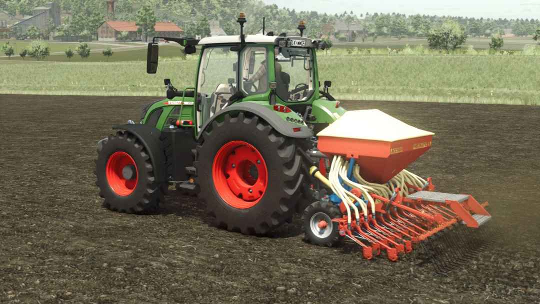 Kverneland seeder attached to a tractor in FS25, showcasing Farming Simulator 25 mods.