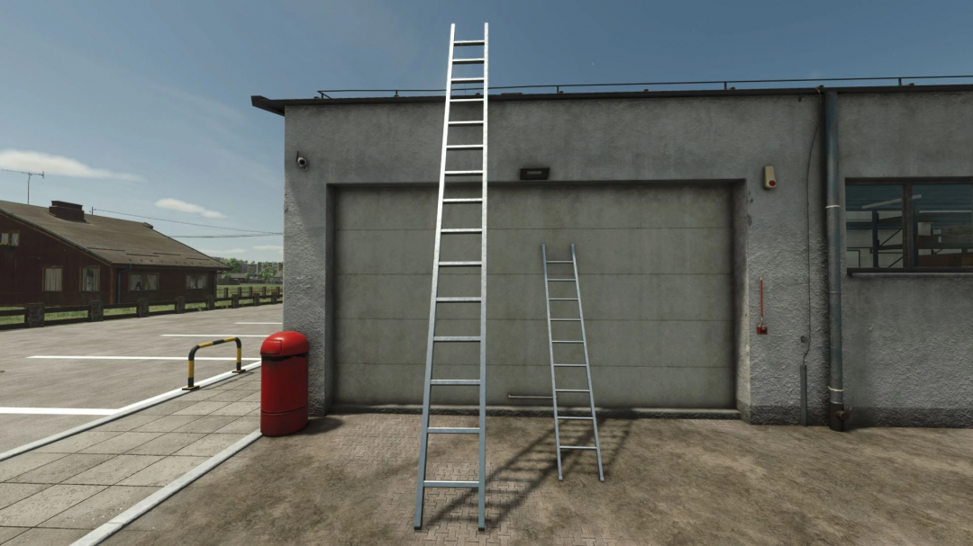 FS25 Ladder Pack mod showing two ladders against a building for Farming Simulator 25.