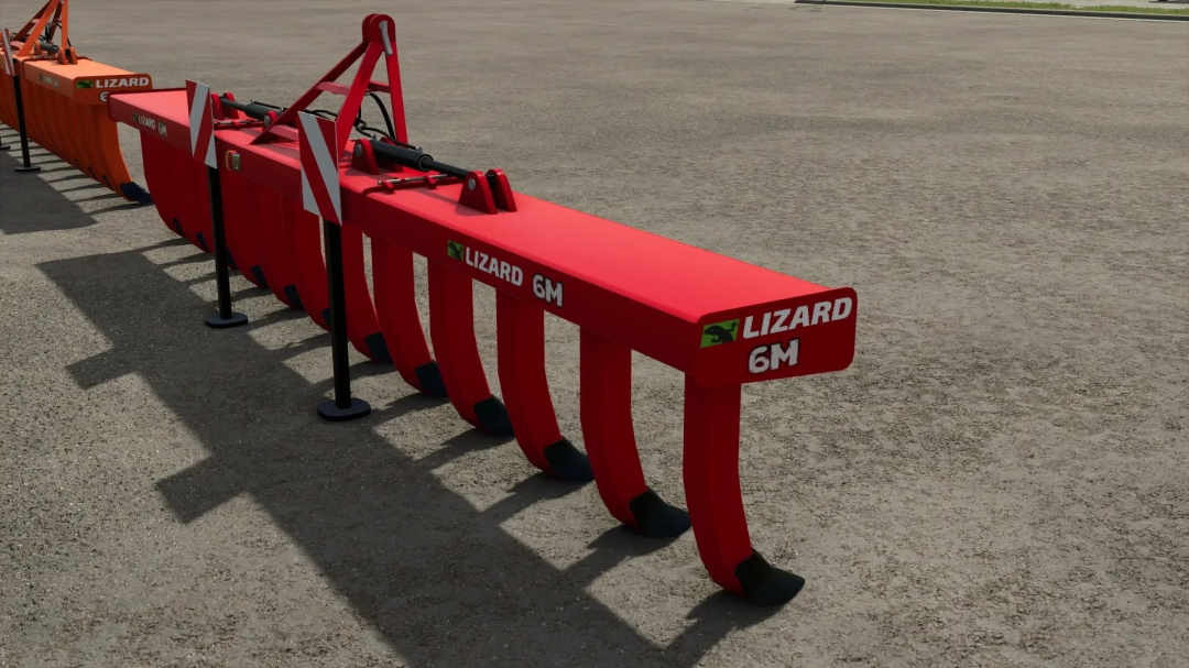 Lizard 6M mod in FS25, showcasing a red agricultural implement.