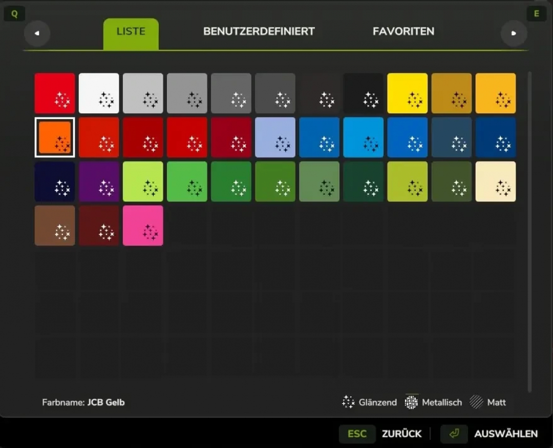 FS25 mod Lizard 6M v1.0.0.0 color customization panel showing various paint options including glossy, metallic, and matte finishes.