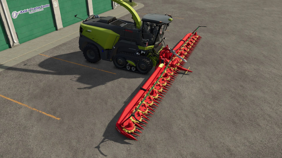 The Lizard FH 15 mod in Farming Simulator 25, showcasing a large green harvester with a red attachment parked near a tractor center.