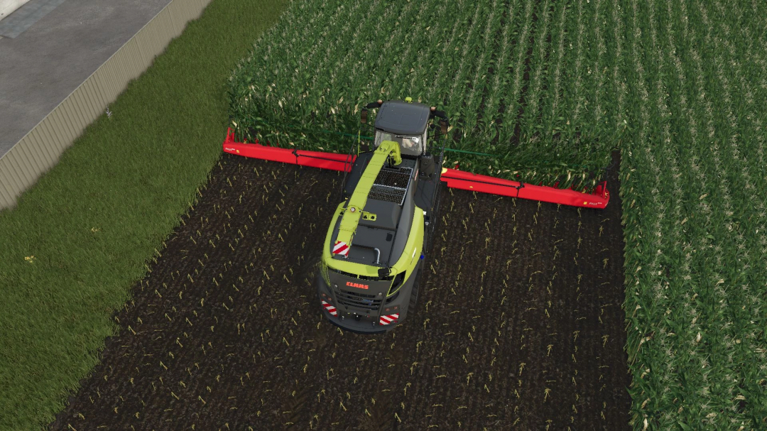 FS25 mod: Overhead view of Lizard FH 15 v1.0.0.0 harvesting corn in Farming Simulator 25.