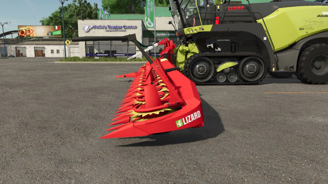 Lizard FH 15 mod for FS25 showing a red agricultural attachment on a tractor in front of Axle's Tractor Center.