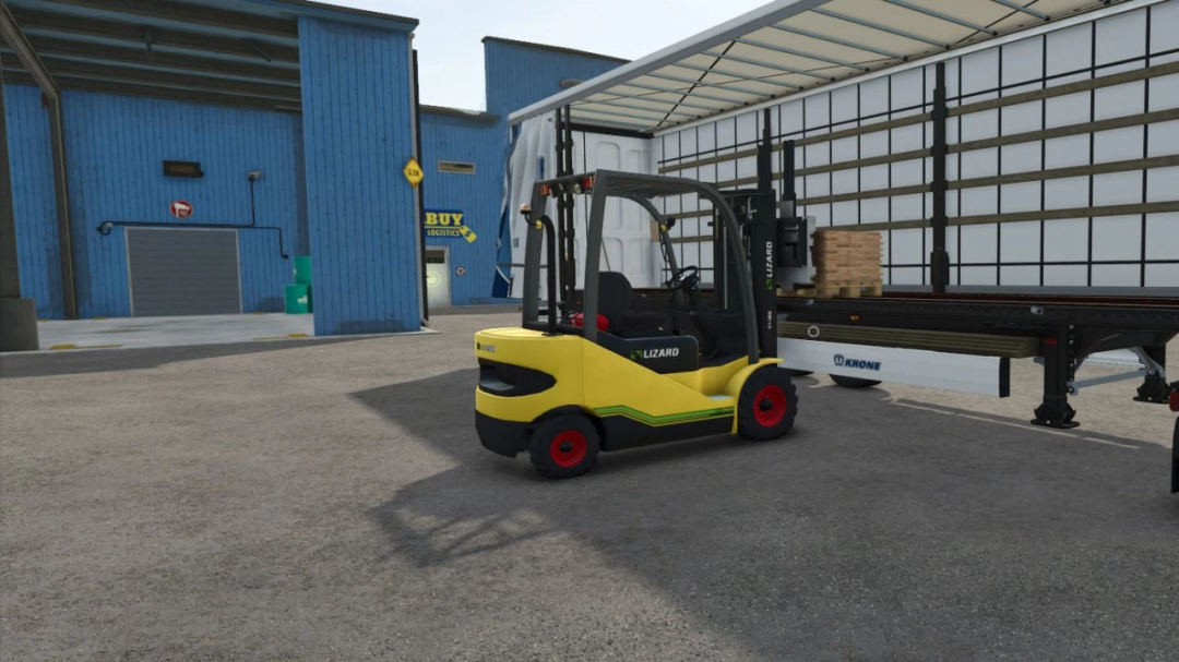 FS25 mod Lizard LZ-45 forklift beside a loading dock.