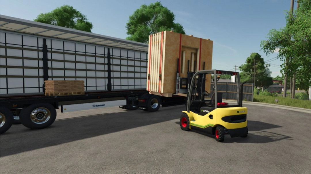 FS25 Lizard LZ-45 mod showing a forklift loading a truck trailer.