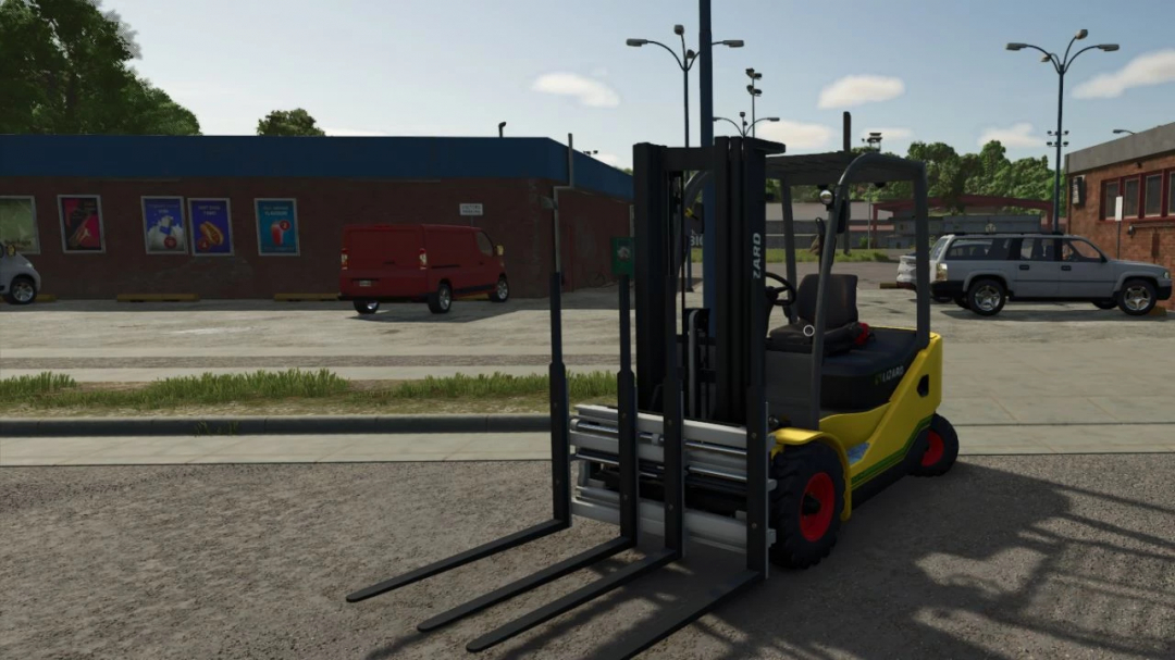 FS25 mod Lizard LZ-45 v1.0.0.0 forklift in a parking area with vehicles and buildings in background.