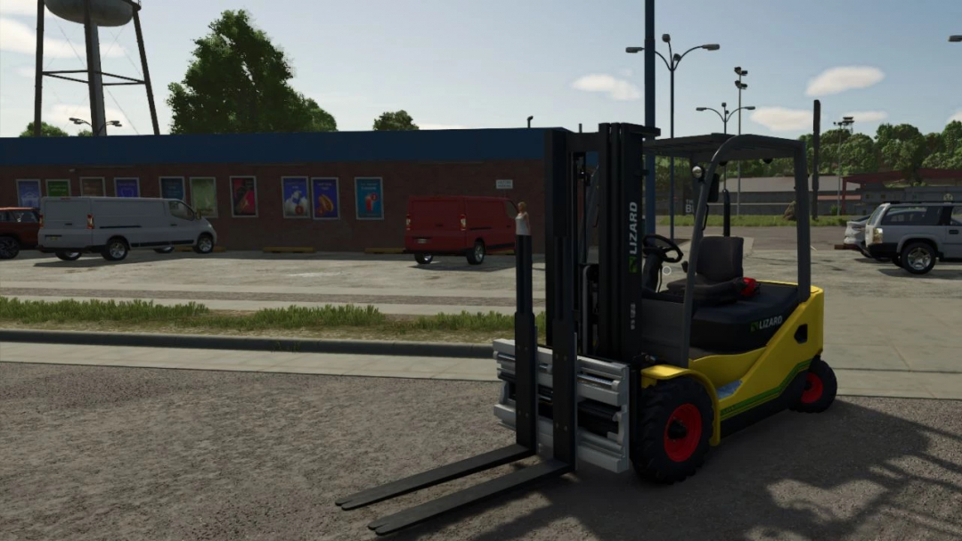 FS25 mod Lizard LZ-45 forklift near urban buildings, showcasing Farming Simulator 25 mods.