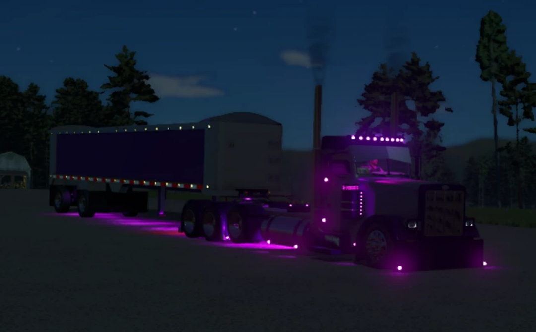 FS25 mod featuring a Lizard frameless end dump truck with purple neon lights, displayed at night, enhancing Farming Simulator 25 experience.