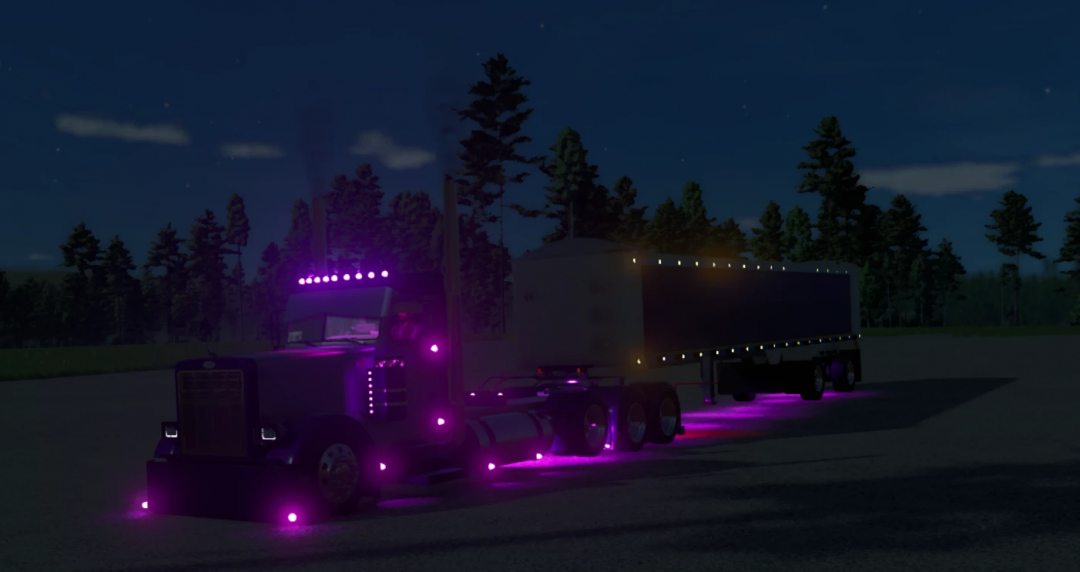 Lizard frameless end dump truck V2 with purple lights in FS25 mods, nighttime setting.