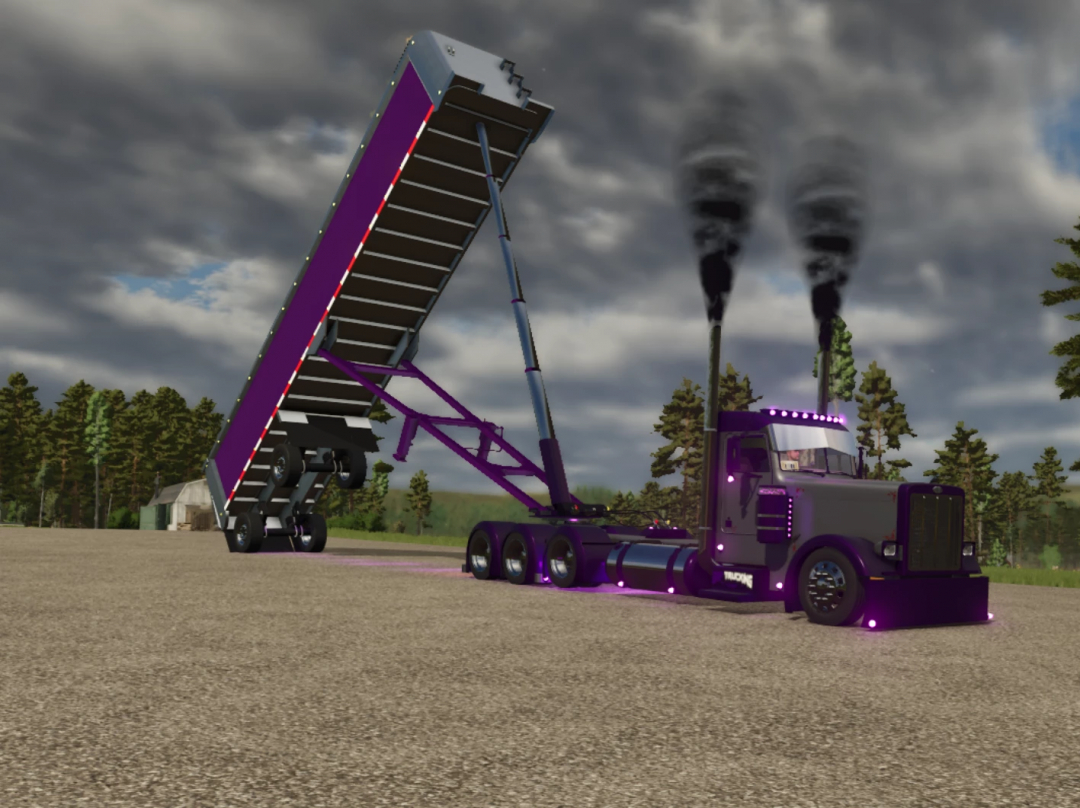 FS25 mod Lizard frameless end dump V2 showcasing a purple dump trailer unloading on a farm.