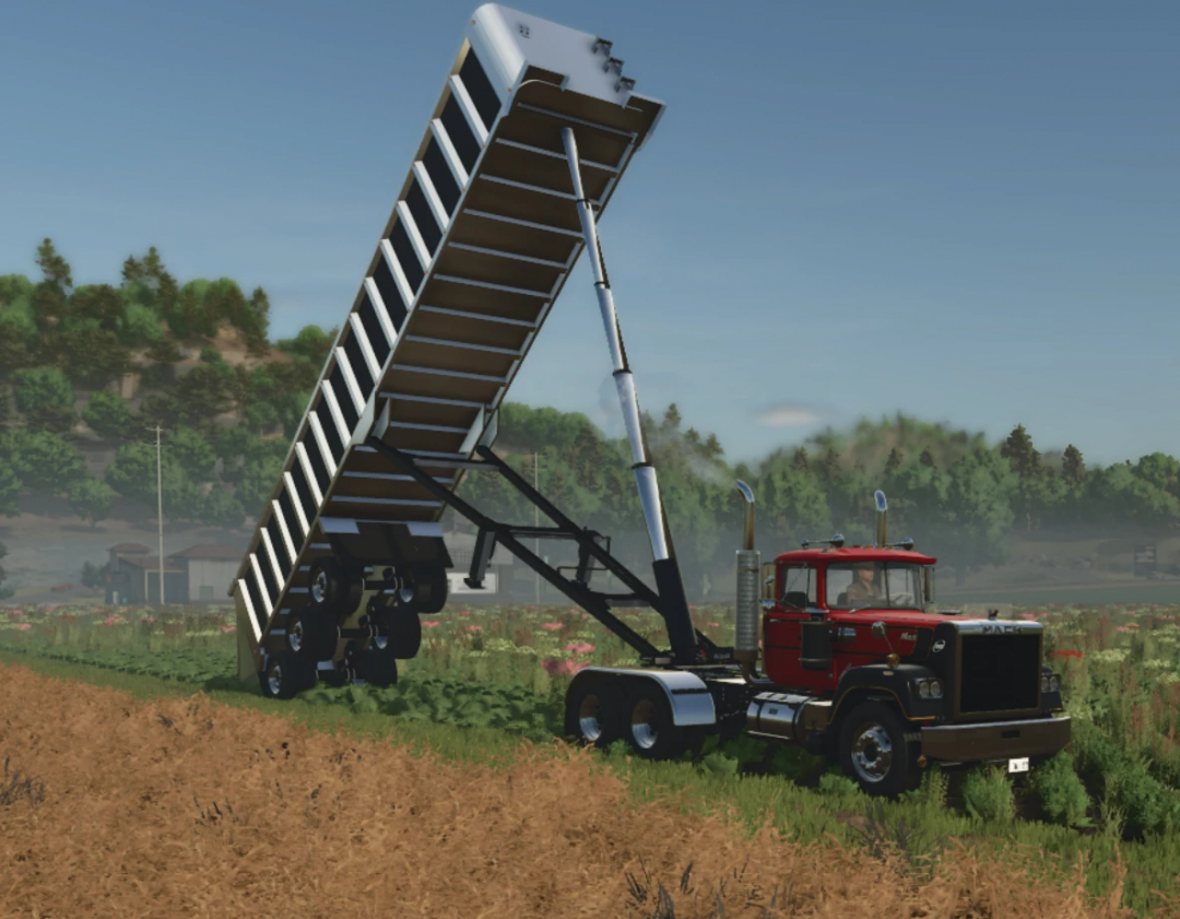 FS25 Lizard frameless end dump mod V2 in a field, showcasing a tilted truck bed for Farming Simulator 25.