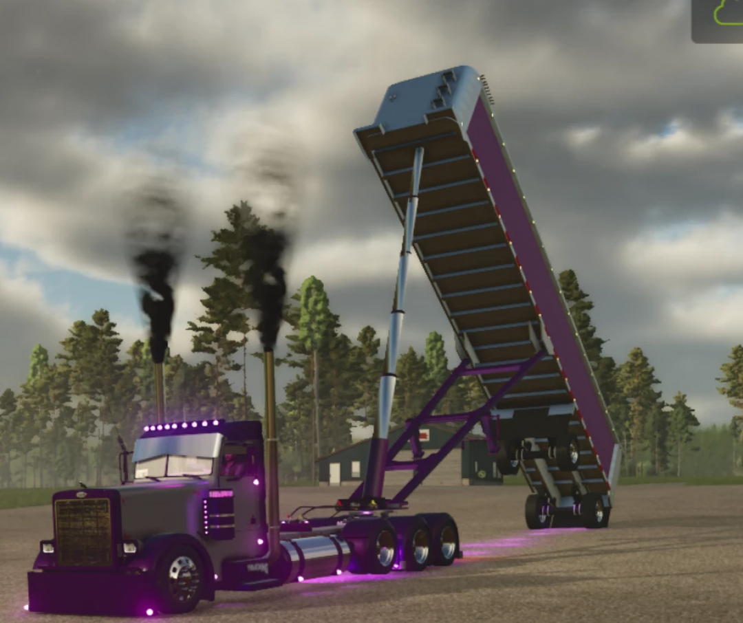 FS25 mod: Lizard frameless end dump V2 unloading on a farm scene in Farming Simulator 25.