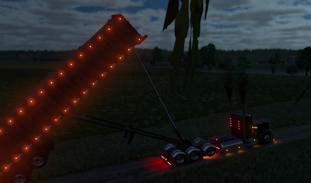 FS25 mod: Lizard frameless end dump trailer lit up in night scene, version 2 for PC.