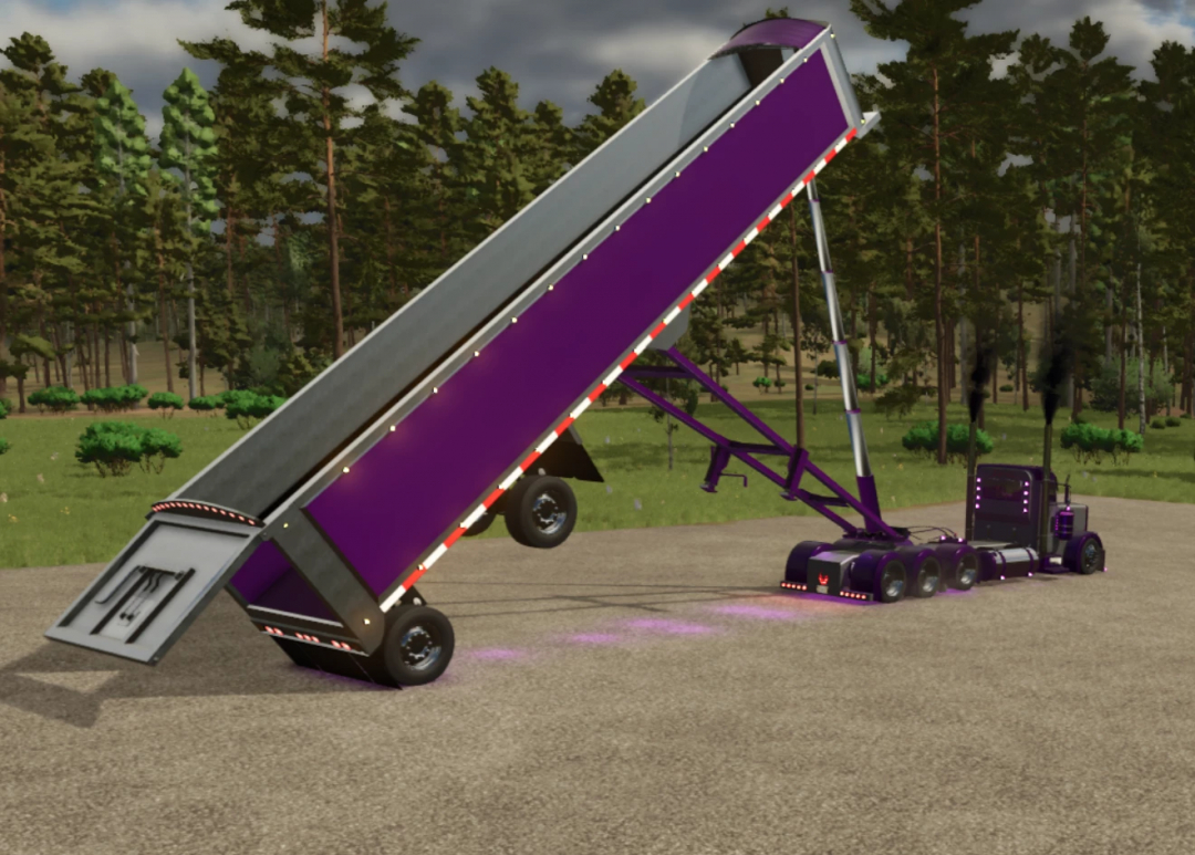 FS25 mod: Lizard frameless end dump trailer V2 in action, featuring a purple design, in Farming Simulator 25.