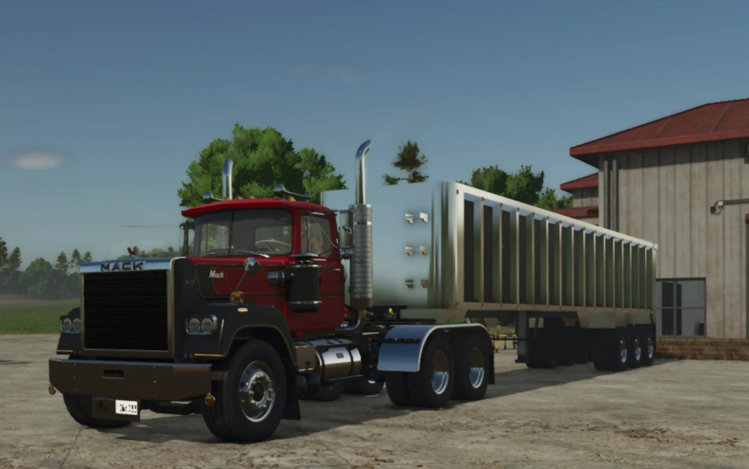 FS25 mod Lizard frameless end dump V2 trailer on a truck beside a farmhouse.