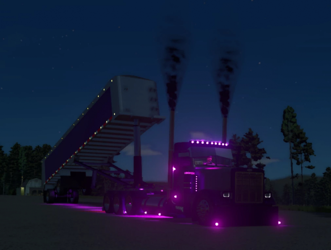 Lizard frameless end dump truck with pink neon lights in Farming Simulator 25 mod, version 2, at night.